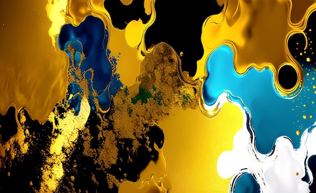 Une peinture colorée avec un fond noir et des couleurs bleues et jaunes.