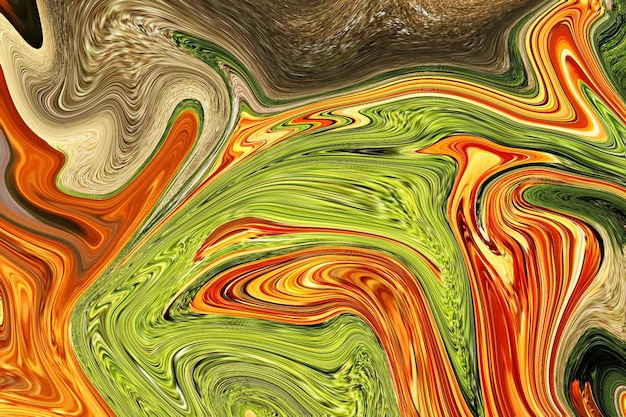 Une peinture colorée avec un fond vert et orange.