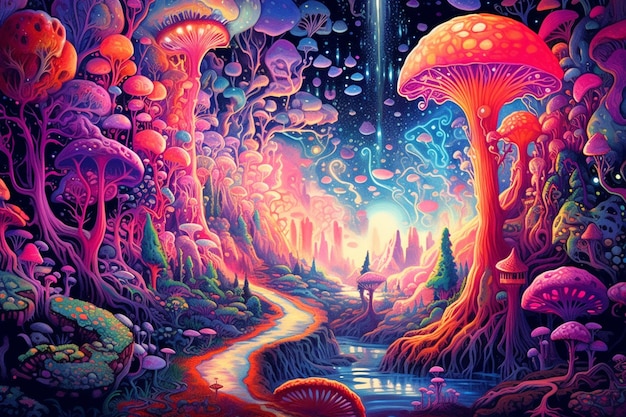 Une peinture colorée d'une forêt avec un homme dans un chapeau et un chapeau de champignon.