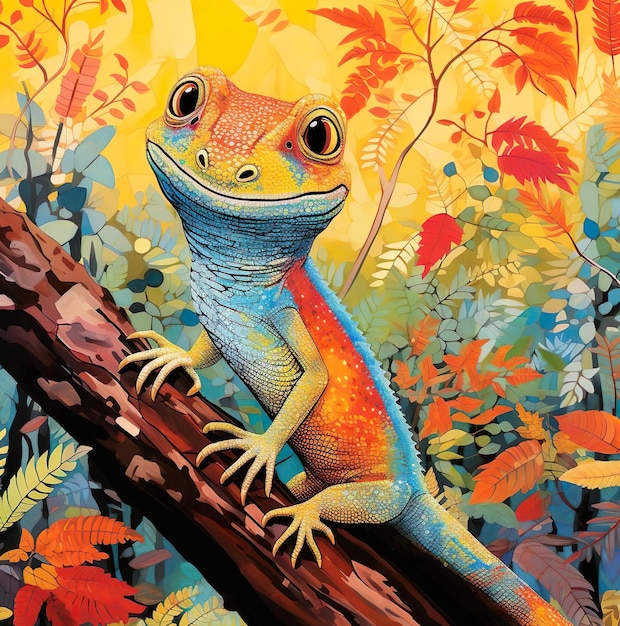 Une peinture colorée d'un gecko avec un fond coloré