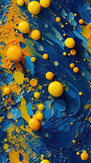 Une peinture colorée avec des gouttes de peinture orange et bleues.