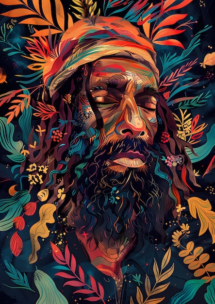 Une peinture colorée d'un homme avec des dreadlocks et une barbe