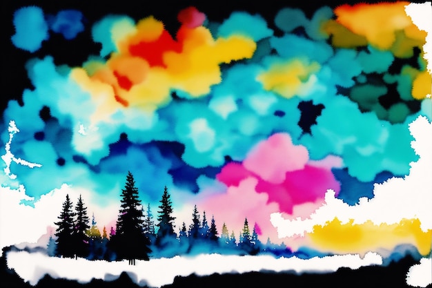 Une peinture colorée d'un lac avec un ciel plein de nuages et un ciel coloré avec les mots "le ciel est bleu".