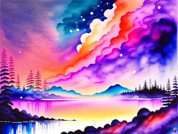 Une peinture colorée d'un lac avec des montagnes et des arbres.