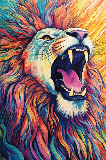 Une peinture colorée d'un lion rugissant