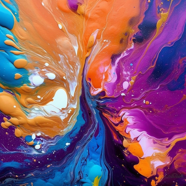 une peinture colorée d'un liquide violet et orange avec le mot quot couleurs quot dessus