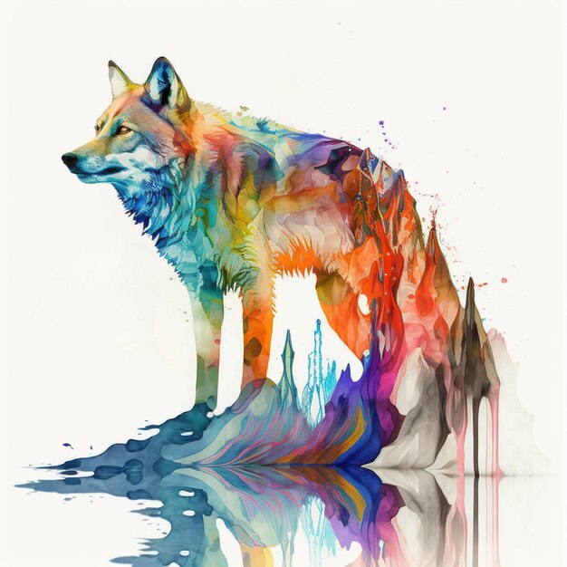 Une peinture colorée d'un loup aux couleurs de l'arc-en-ciel.