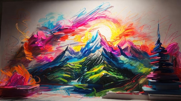 une peinture colorée de montagnes avec un marqueur rouge