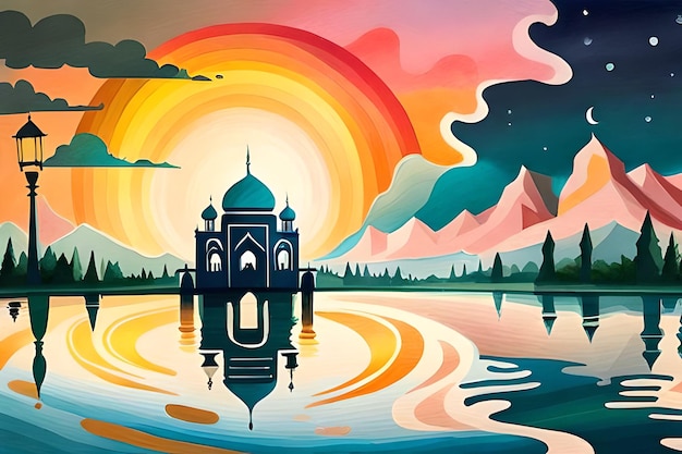 Une peinture colorée d’une mosquée sur l’eau.