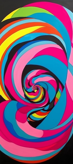 Une peinture colorée avec un motif en spirale au milieu.