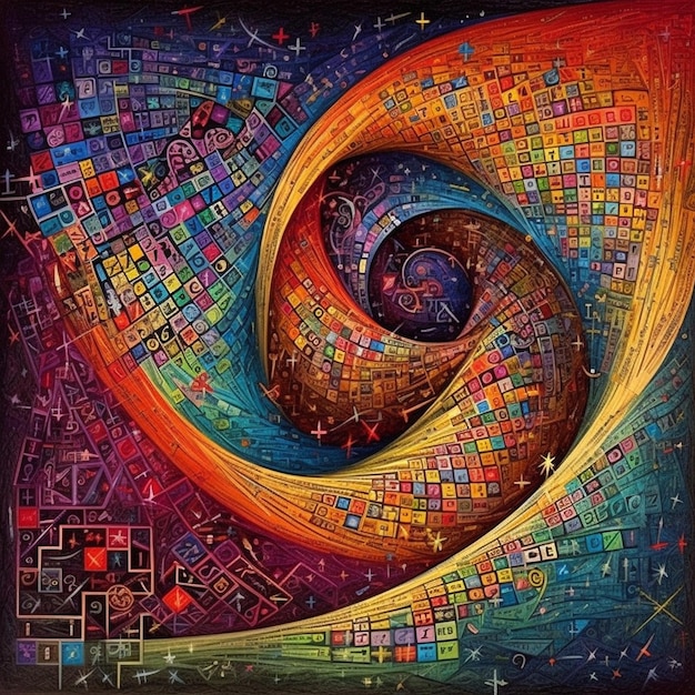 une peinture colorée d'un œil avec de nombreux carrés et une spirale.