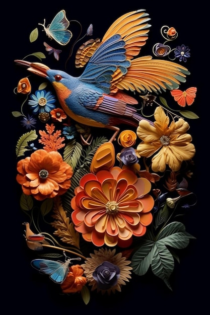 Une peinture colorée d'un oiseau avec des fleurs et des papillons.