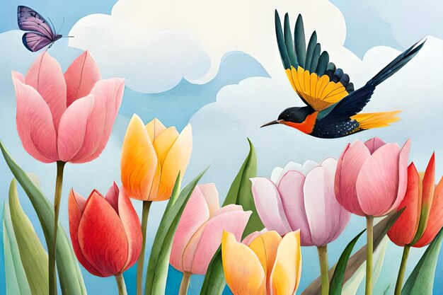 Une peinture colorée d'un oiseau volant au-dessus des tulipes.