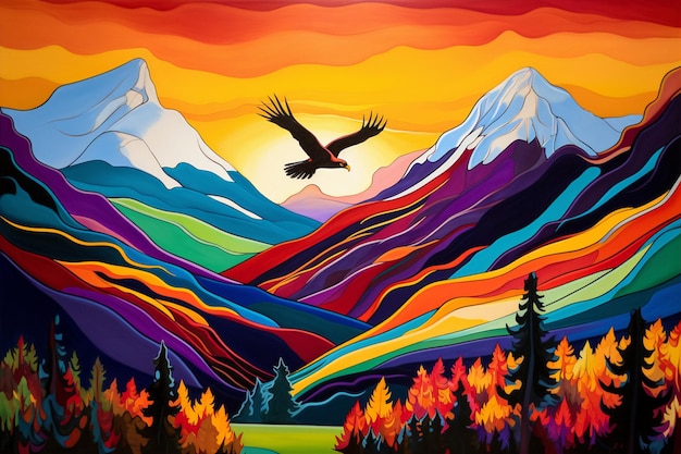 Une peinture colorée d'un paysage de montagne avec un oiseau volant au-dessus.