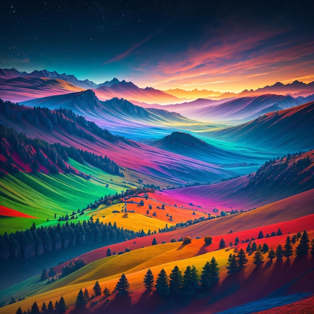 Une peinture colorée d'un paysage de montagne avec un paysage coloré.