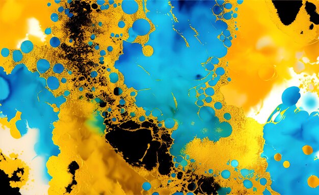 Une peinture colorée avec de la peinture bleue et jaune qui dit "bleu" dessus