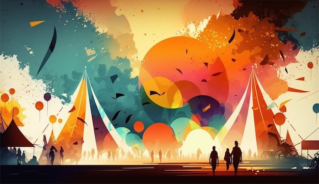 Une peinture colorée de personnes marchant devant un fond coloré.