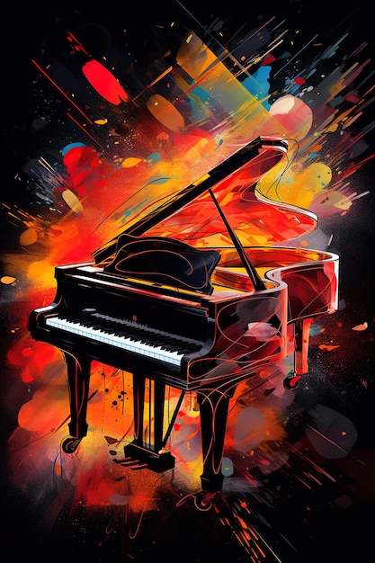 Une peinture colorée d'un piano à queue avec les mots piano à queue sur le devant.
