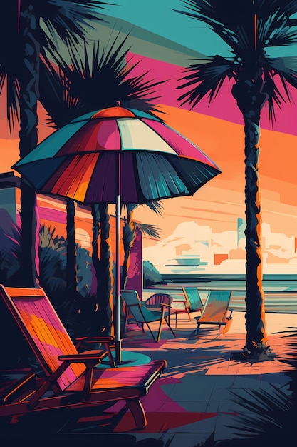 Une peinture colorée d'une plage avec une chaise de plage et un parapluie.