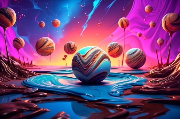 Une peinture colorée d'une planète avec une grosse boule au milieu.