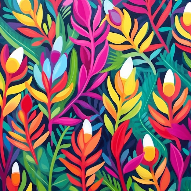 Une peinture colorée d'une plante avec les mots " art " dessus.