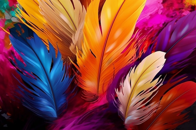 Une peinture colorée de plumes colorées en orange, jaune et bleu.