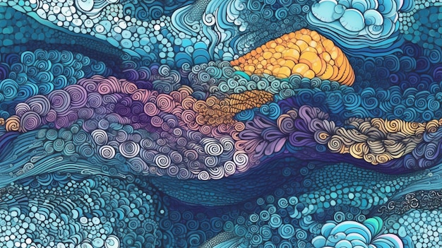 Une peinture colorée d'un poisson avec un fond bleu et le mot mer dessus.