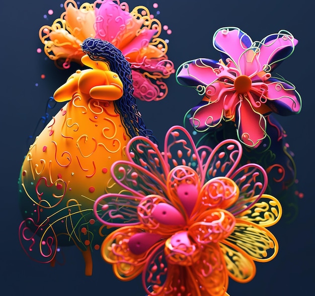 Une peinture colorée d'un poulet et d'une fleur