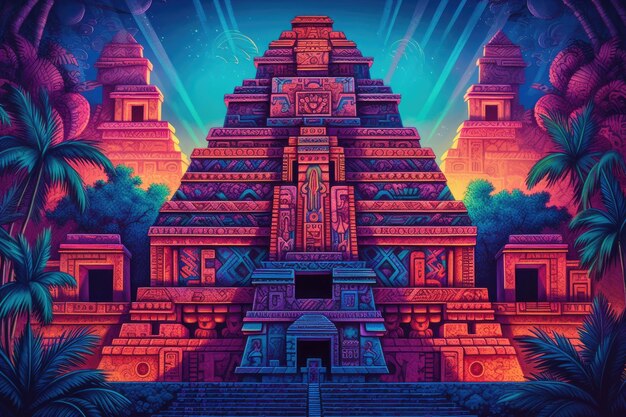 Une peinture colorée d'une pyramide avec le mot maya dessus