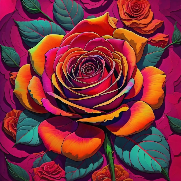 Une peinture colorée d'une rose avec des feuilles dessus