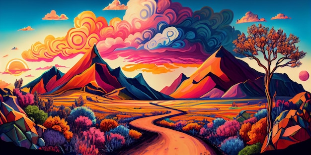 Une peinture colorée d'une route menant à des montagnes.