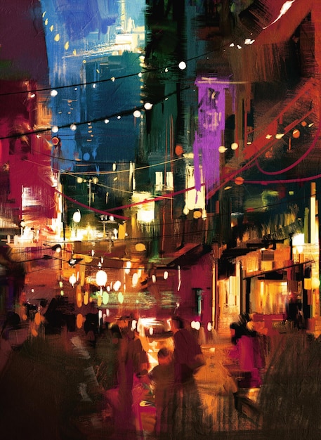 peinture colorée de la rue commerçante la nuit