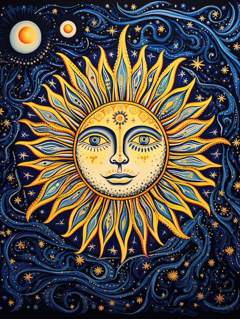 une peinture colorée d'un soleil avec le visage d'un Soleil et de la Lune