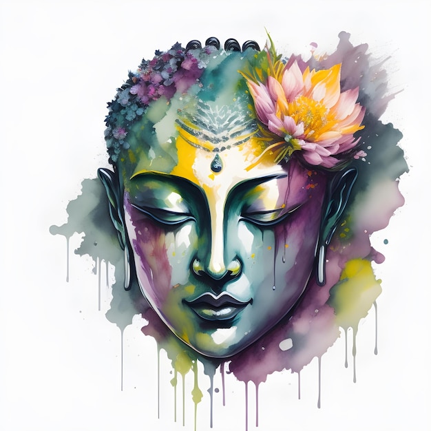 Une peinture colorée d'une tête de bouddha avec une fleur dessus.