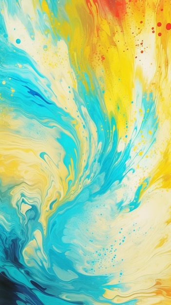 Une peinture colorée avec des tourbillons bleus et jaunes.