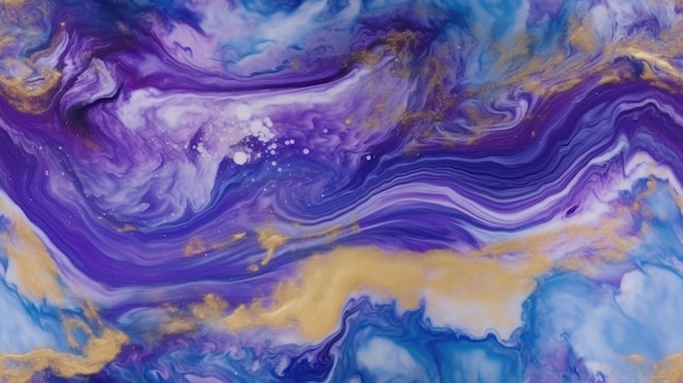 Une peinture colorée avec des tourbillons violets et dorés.