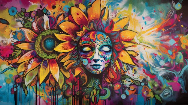 Une peinture colorée d'un tournesol avec un visage et un visage de tournesol.