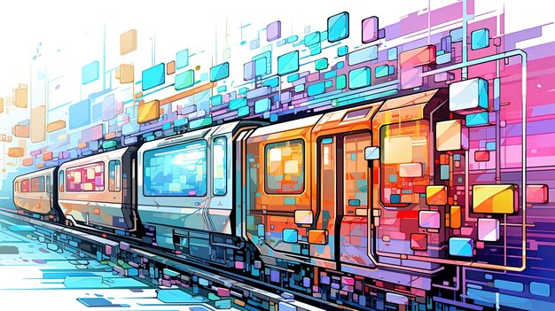 une peinture colorée d'un train avec les mots x en bas