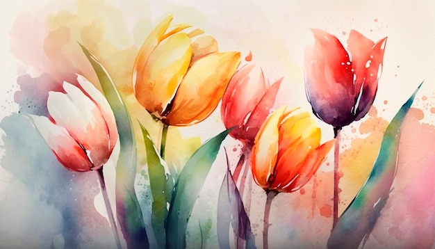 Une peinture colorée de tulipes avec le mot tulipes en bas.