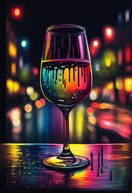 Une peinture colorée d'un verre à vin avec un liquide à l'intérieur.