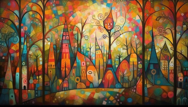 Une peinture colorée d'une ville avec un arbre et une ville en arrière-plan.