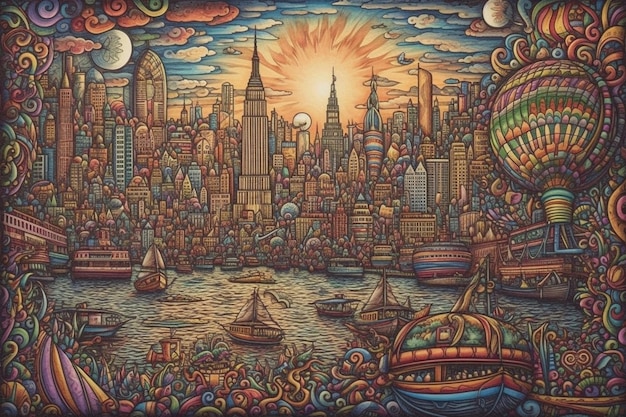 Une peinture colorée d'une ville avec un paysage urbain et un ballon.