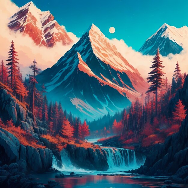 Peinture de conception Clipart d'une montagne avec des arbres et de l'eau