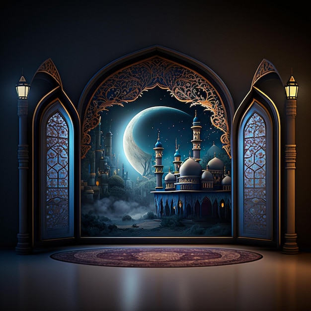 Une peinture conceptuelle de l'Aïd d'une mosquée avec une lune