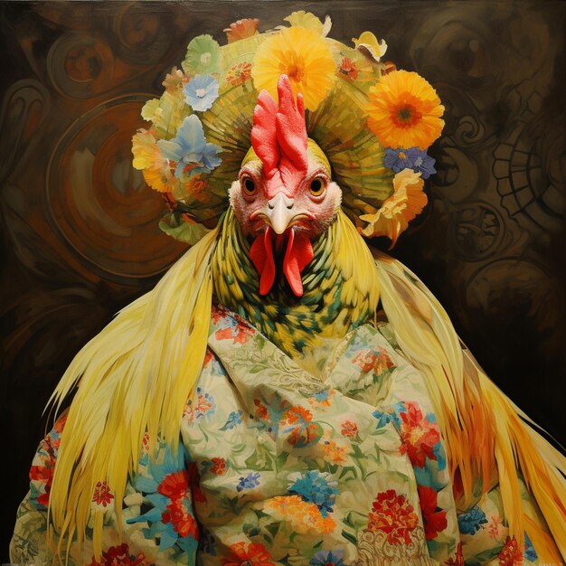 peinture d'un coq avec une coiffe colorée et un chapeau fleuri ai générative