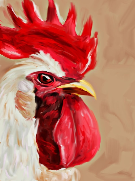 une peinture d'un coq avec une couronne rouge sur sa tête