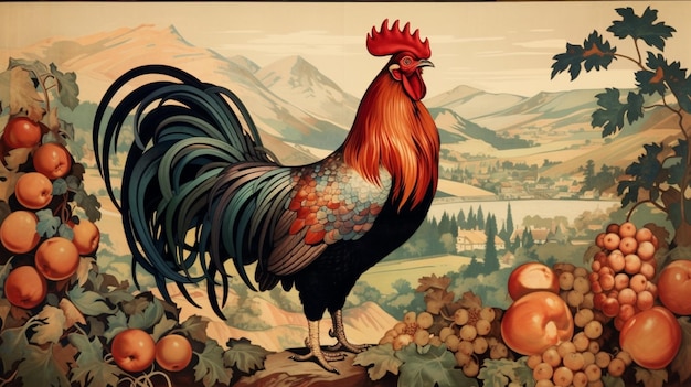 Peinture d'un coq dans un champ de fruits avec des montagnes en arrière-plan ai générative