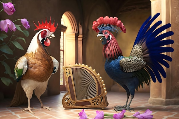 Une peinture d'un coq et d'un instrument de musique.