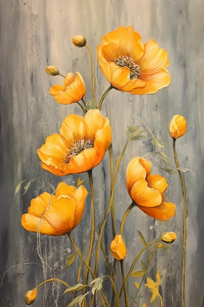 Une peinture de coquelicots jaunes sur fond gris