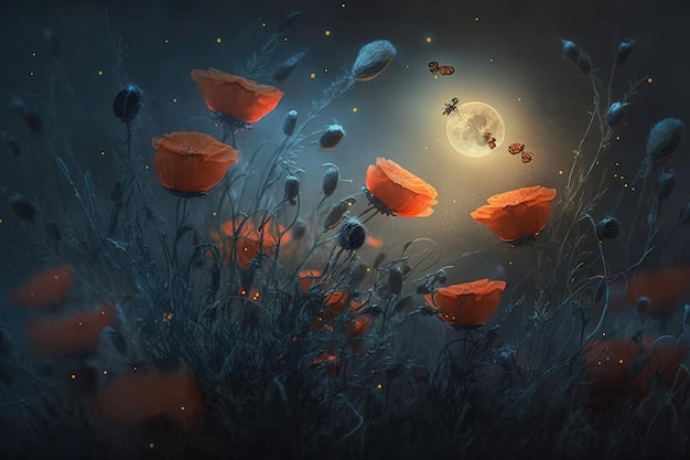 Une peinture de coquelicots avec une lune en arrière-plan